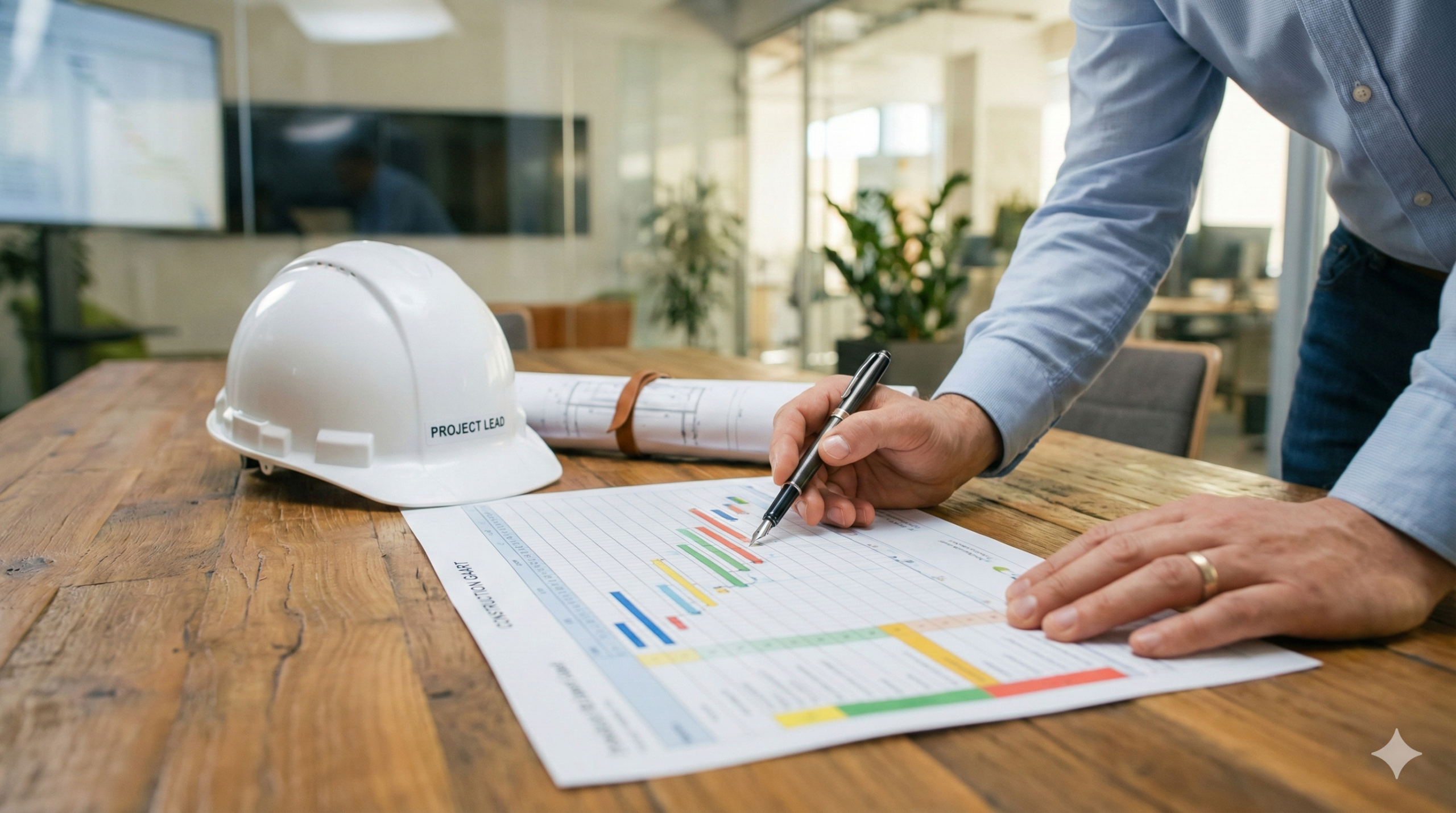 Engenheiro analisando cronograma físico-financeiro de obra sobre mesa de escritório com capacete e plantas, focando em gestão de prazos para reforma em Santo André.