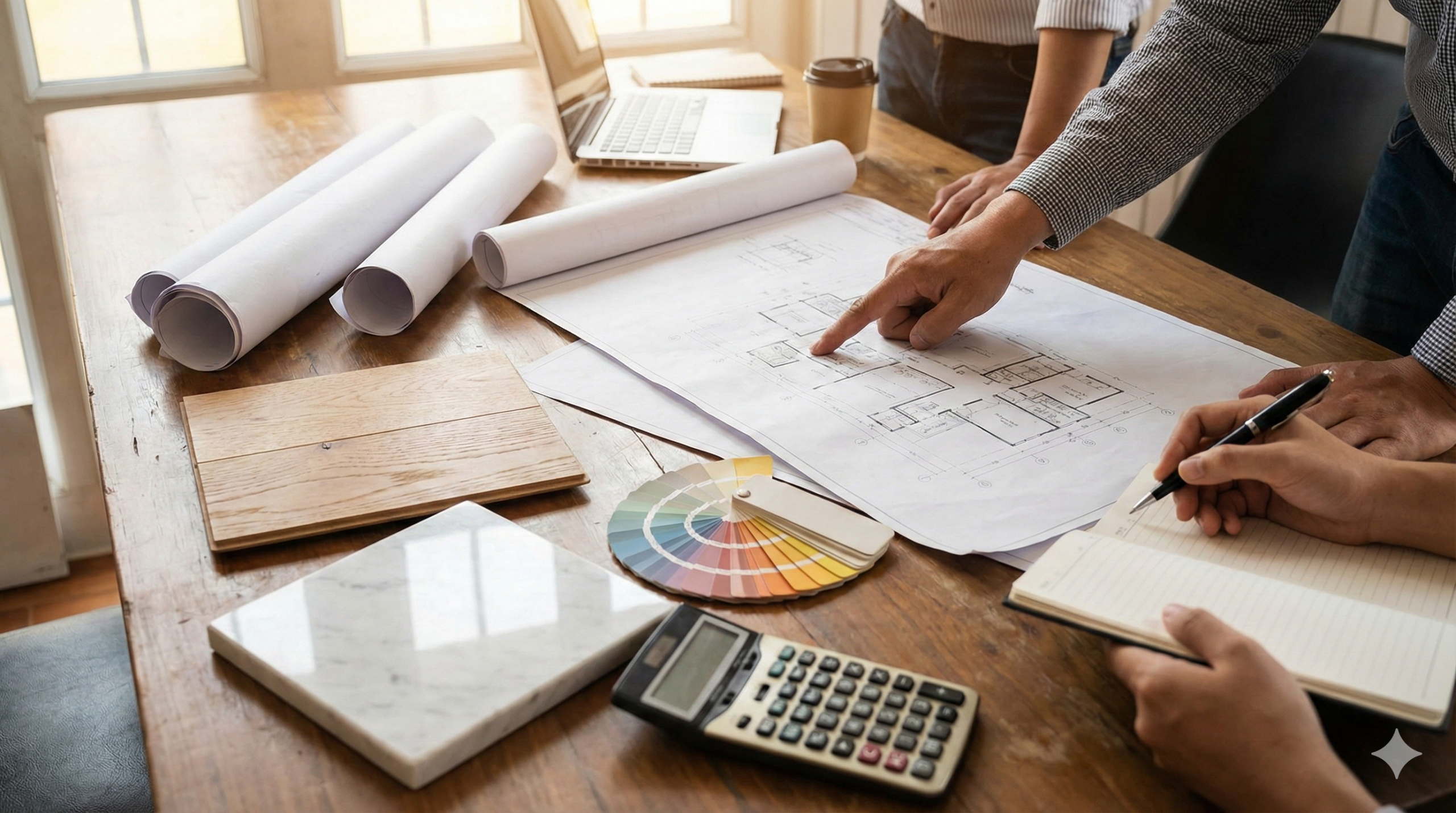 Mesa de trabalho com plantas de arquitetura e amostras de materiais, demonstrando planejamento de reforma integrada em Santo André.